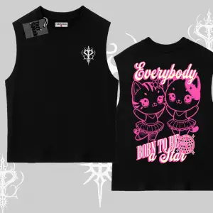 Born to Be a Star Yazılı Sevimli Kedi Arka Baskılı Kolsuz Tshirt