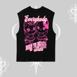 Born to Be a Star Yazılı Sevimli Kedi Arka Baskılı Kolsuz Tshirt