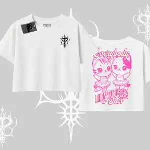 Born to Be a Star Yazılı Sevimli Kedi Arka Baskılı Oversize Crop Tshirt