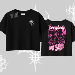 Born to Be a Star Yazılı Sevimli Kedi Arka Baskılı Oversize Crop Tshirt