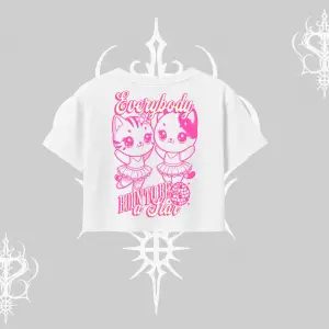 Born to Be a Star Yazılı Sevimli Kedi Arka Baskılı Oversize Crop Tshirt