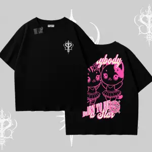 Born to Be a Star Yazılı Sevimli Kedi Arka Baskılı Oversize Tshirt