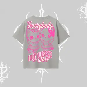 Born to Be a Star Yazılı Sevimli Kedi Arka Baskılı Oversize Tshirt