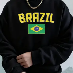 Brezilya Harf ve Bayrak Baskılı Erkek Cepli Sokak Giyimi Sokak Stili Basit Kapüşonlu Sweatshi