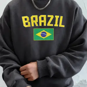 Brezilya Harf ve Bayrak Baskılı Erkek Cepli Sokak Giyimi Sokak Stili Basit Kapüşonlu Sweatshi