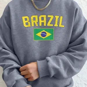 Brezilya Harf ve Bayrak Baskılı Erkek Cepli Sokak Giyimi Sokak Stili Basit Kapüşonlu Sweatshi