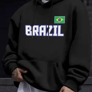 Brezilya Harfli ve Bayraklı Baskılı Eşofman Erkek Sonbahar Günlük Kapüşonlu Sokak Stili Polar