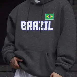 Brezilya Harfli ve Bayraklı Baskılı Eşofman Erkek Sonbahar Günlük Kapüşonlu Sokak Stili Polar