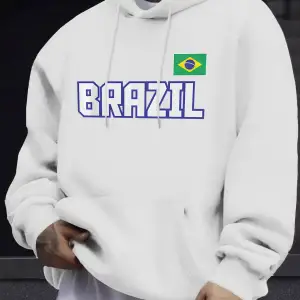 Brezilya Harfli ve Bayraklı Baskılı Eşofman Erkek Sonbahar Günlük Kapüşonlu Sokak Stili Polar