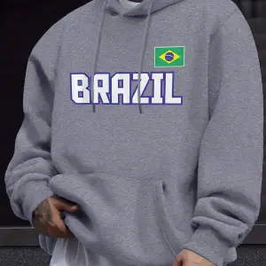 Brezilya Harfli ve Bayraklı Baskılı Eşofman Erkek Sonbahar Günlük Kapüşonlu Sokak Stili Polar