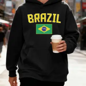 Brezilya Mektup Ve Bayrak Baskı Kapüşonlular Pamuk Kadın Koşu Cep Kazak Sportif Gevşek Tişört