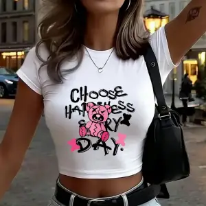 Broken Bear Baskılı Kadın Babby Tees Yaz Yüksek Elastik Yumuşak Tişörtler İnce Kısa Kollu Tişö