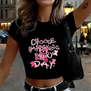 Broken Bear Baskılı Kadın Babby Tees Yaz Yüksek Elastik Yumuşak Tişörtler İnce Kısa Kollu Tişö