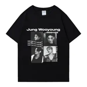 Bts Ateez Wooyoung grafik siyah tişört erkek kadın moda vintage boy kısa kollu t shirt Unisex