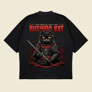 Bushidocat Baskılı Oversize Unisex Pamuklu Nefes Alan Kalın Kumaşlı