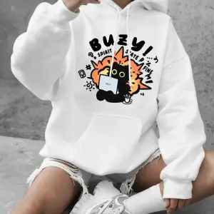 Busy Spirit State Cat Baskılı Kadın Kapüşonlu Sweatshirt Günlük Bol Kesim Sweatshirt Kışlık P