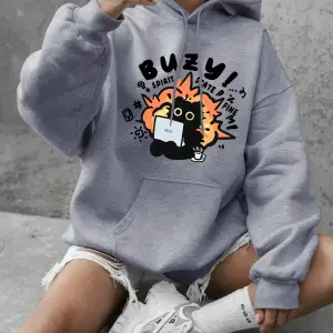 Busy Spirit State Cat Baskılı Kadın Kapüşonlu Sweatshirt Günlük Bol Kesim Sweatshirt Kışlık P