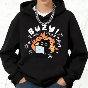 Busy Spirit State Cat Baskılı Kapüşonlu Sweatshirtler Pamuklu Kadın Sporcu Bol Kesim Kazak Kı