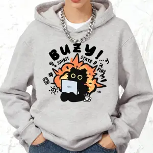 Busy Spirit State Cat Baskılı Kapüşonlu Sweatshirtler Pamuklu Kadın Sporcu Bol Kesim Kazak Kı