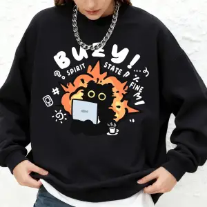 Busy Spirit State Kedi Baskılı Sweatshirt Kadın Günlük Uzun Kollu Bisiklet Yaka Kapüşonlu Son