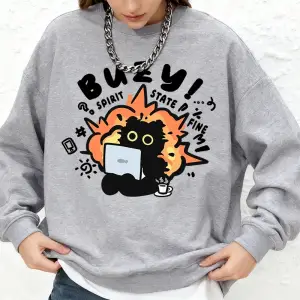 Busy Spirit State Kedi Baskılı Sweatshirt Kadın Günlük Uzun Kollu Bisiklet Yaka Kapüşonlu Son