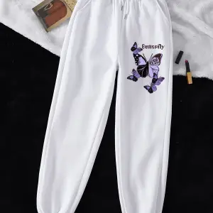 Butterfly & Letter Graphic Drawstring Waist 4 Mevsim Eşofman