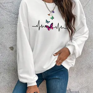 Butterfly Print Drop Shoulder Beyaz