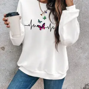 Butterfly Print Drop Shoulder Beyaz