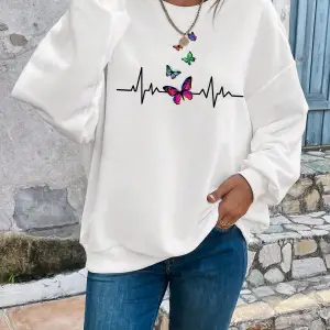 Butterfly Print Drop Shoulder Beyaz