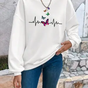 Butterfly Print Drop Shoulder Beyaz