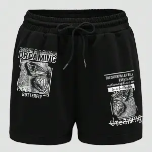 Butterfly & Slogan Graphic Drawstring Waist Track Şort