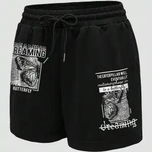 Butterfly & Slogan Graphic Drawstring Waist Track Şort