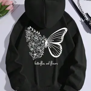 Butterfly & Slogan Graphic Kangaroo Pocket Drawstring Hoodie Siyah