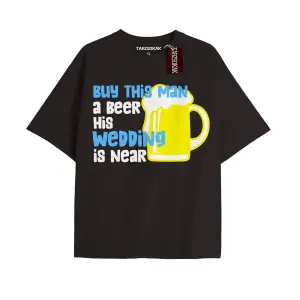 BUYT HİS BEER Unisex Oversize Yazılı Tshirt SİYAH