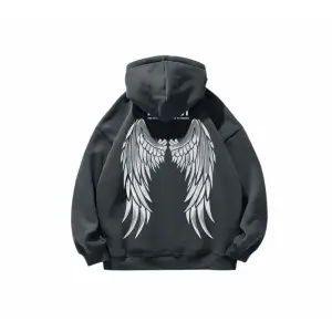 Büyük Beden Kapüşonlu Çift Kanat Sırt Baskılı %100 Pamuk Oversize Kadın Sweatshırt Gri