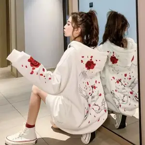 Büyük Beden Kapüşonlu Farmuarlı Japon Red Rose Baskılı Oversize Kadın Ceket-sweatsh Beyaz