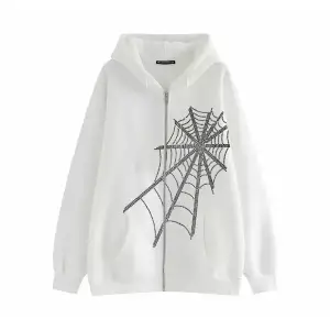 Büyük Beden Kapüşonlu Farmuarlı Silver Örümcek Ağı Baskılı Oversize Kadın Ceket Swe Beyaz