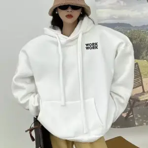 Büyük Beden Kapüşonlu Work Work Baskılı Tam Kışlık Geniş Oversize Kadın Sweatshırt Beyaz