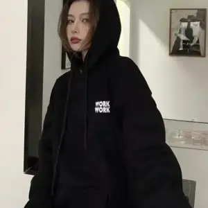 Büyük Beden Özel Tasarım Kapüşonlu Work Work Baskılı Geniş Oversize Kadın Sweatshır Siyah