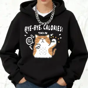 Bye-Bye Calories Kedi Baskılı Kapüşonlu Üstler Pamuklu Kadın Kışlık Polar Sıcak Kazak Jogging