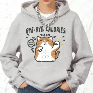 Bye-Bye Calories Kedi Baskılı Kapüşonlu Üstler Pamuklu Kadın Kışlık Polar Sıcak Kazak Jogging