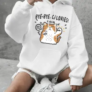 Bye Bye Calories Kedi Baskılı Tişörtü Kadın Kışlık Polar Sıcak Kapüşonlu Üstler Basit Yuvarla