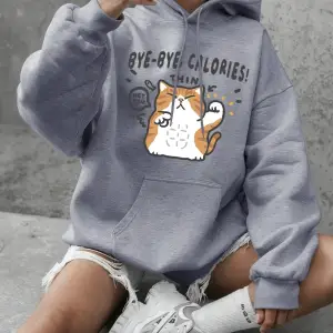 Bye Bye Calories Kedi Baskılı Tişörtü Kadın Kışlık Polar Sıcak Kapüşonlu Üstler Basit Yuvarla