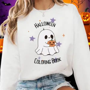 Cadılar bayramı Boyama Kitabı Baskı Tişörtü Kadın Kış Polar Sıcak Hoodie O-Boyun Gevşek Kazak