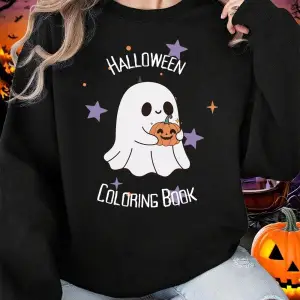 Cadılar bayramı Boyama Kitabı Baskı Tişörtü Kadın Kış Polar Sıcak Hoodie O-Boyun Gevşek Kazak