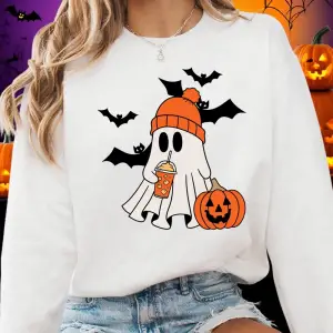 Cadılar bayramı Hayalet Yarasa Kabak Baskılar Kazak Kadın Kış Polar Sıcak Hoodie Crewneck Gev