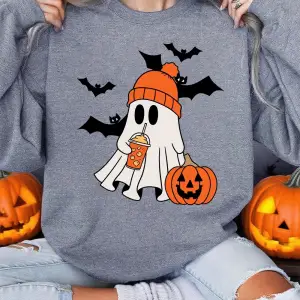 Cadılar bayramı Hayalet Yarasa Kabak Baskılar Kazak Kadın Kış Polar Sıcak Hoodie Crewneck Gev