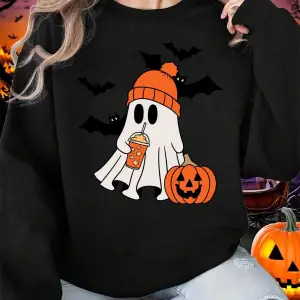 Cadılar bayramı Hayalet Yarasa Kabak Baskılar Kazak Kadın Kış Polar Sıcak Hoodie Crewneck Gev