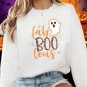 Cadılar bayramı Kaçan Küçük Hayalet Baskı Tişörtü Bayan Kış Polar Sıcak Hoodie Crewneck Gevşe