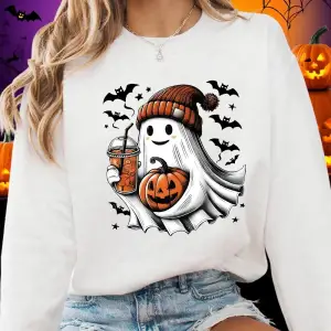 Cadılar bayramı Kazak Kadın Hayalet Yarasa Ve Kabak Baskı Hoodie Polar Sıcak Bisiklet Yaka Ge